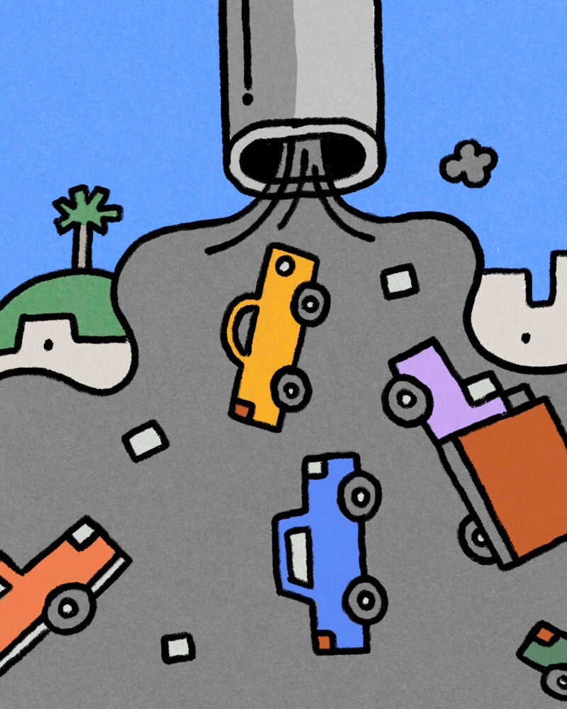Illustration. Trucks spilling out into smog on a sunny day.